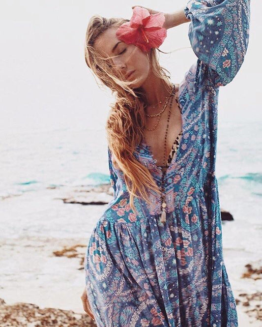 Bohemian Floral Long Sleeve V-Neck Button Maxi Loose Dress