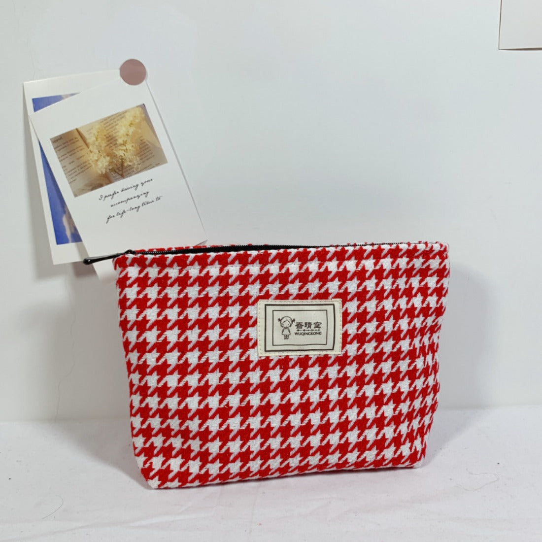 Cosbai - Red Houndstooth Canvas Cosmetic Bag