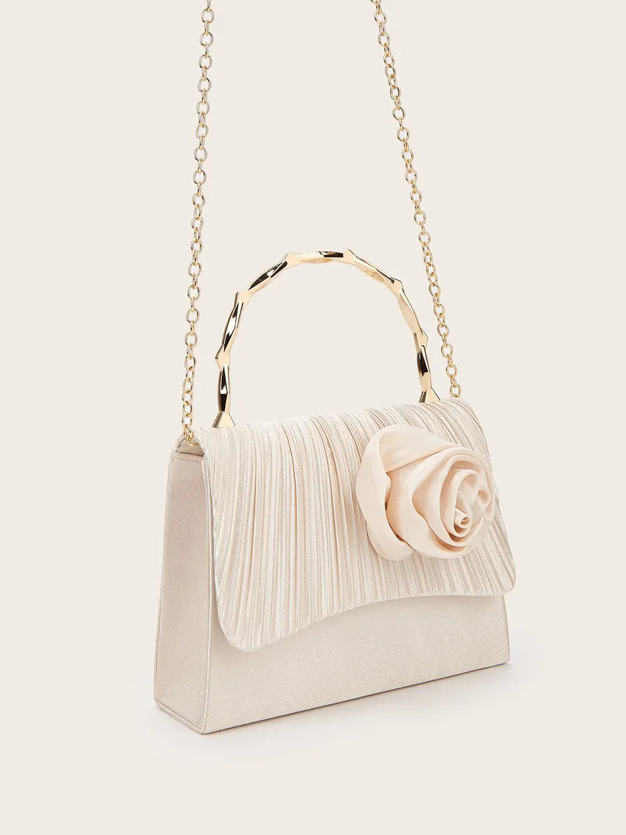 Eloise Pleated Satin Flower Gold Bamboo Handle Bag