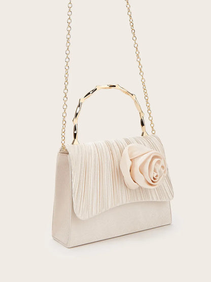 Eloise Pleated Satin Flower Gold Bamboo Handle Bag