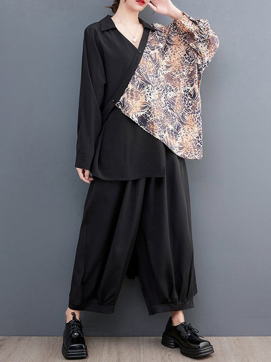 Long Sleeves Loose Contrast Color Printed Split-Joint Leopard Polo Blouses&Shirts Tops + Ninth  Culotte