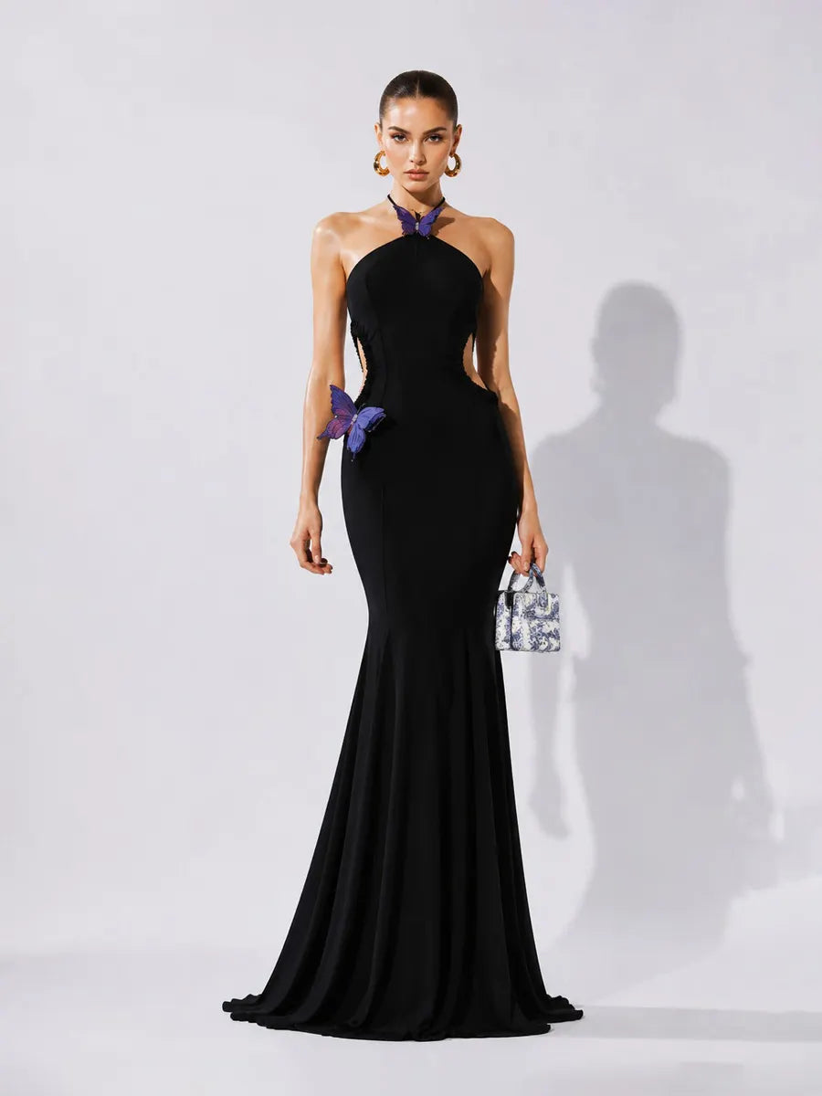 Yasmine Butterfly-Embellished Cut-Out Halter Maxi Dress
