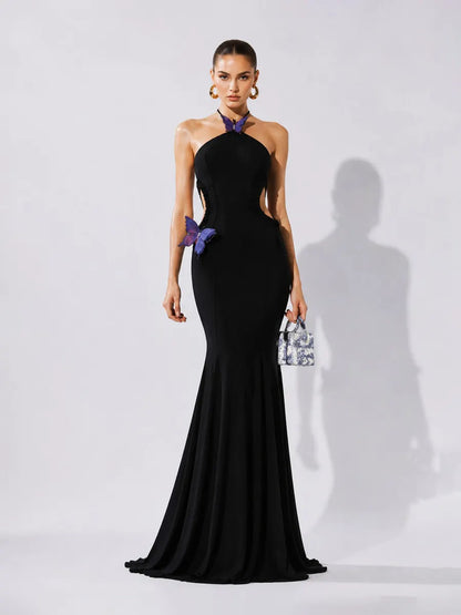 Yasmine Butterfly-Embellished Cut-Out Halter Maxi Dress