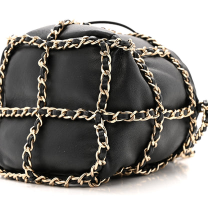 Lambskin Bucket Chain Drawstring Bag Black