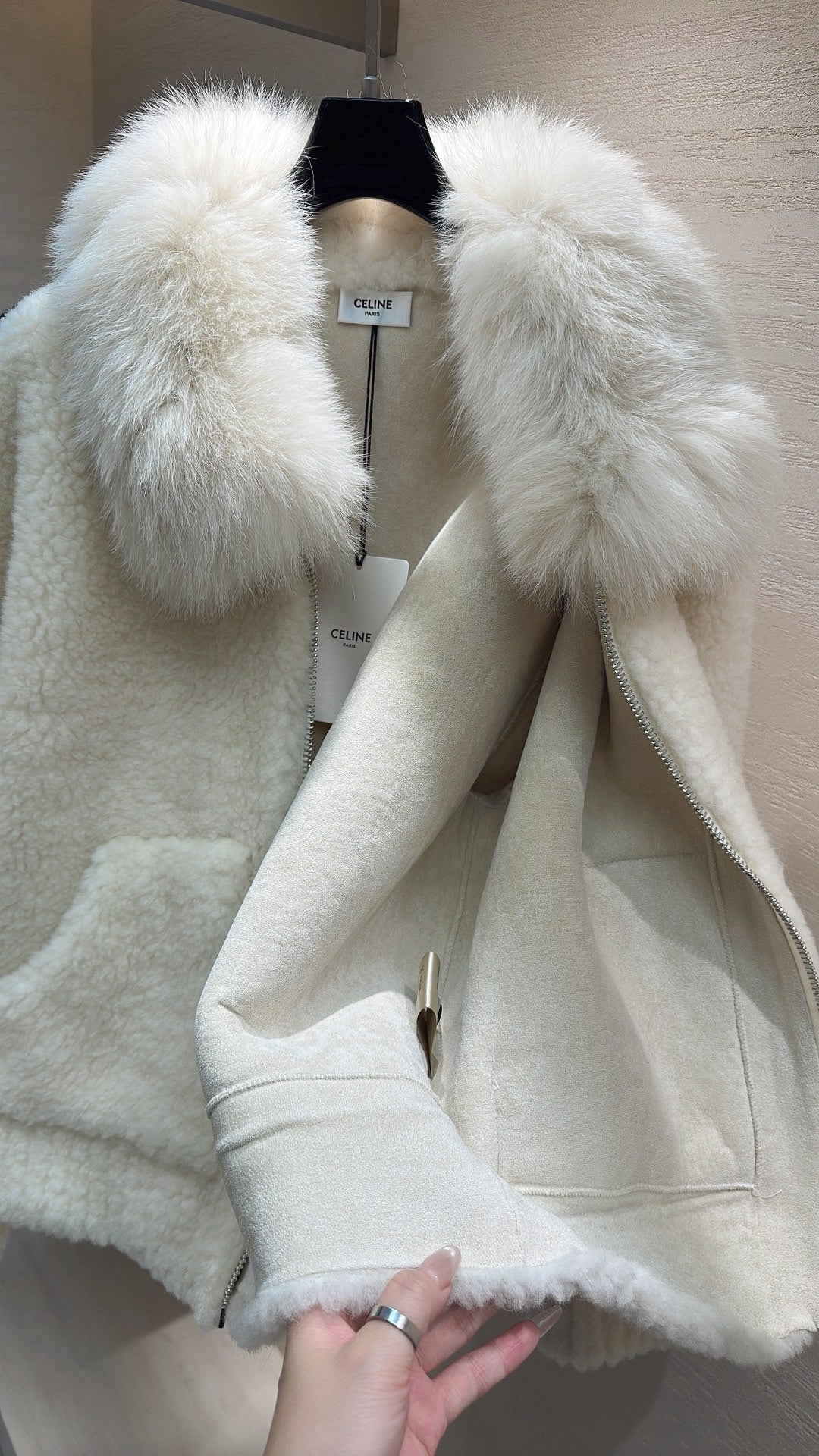 CELINE Shearling White Coat 333253
