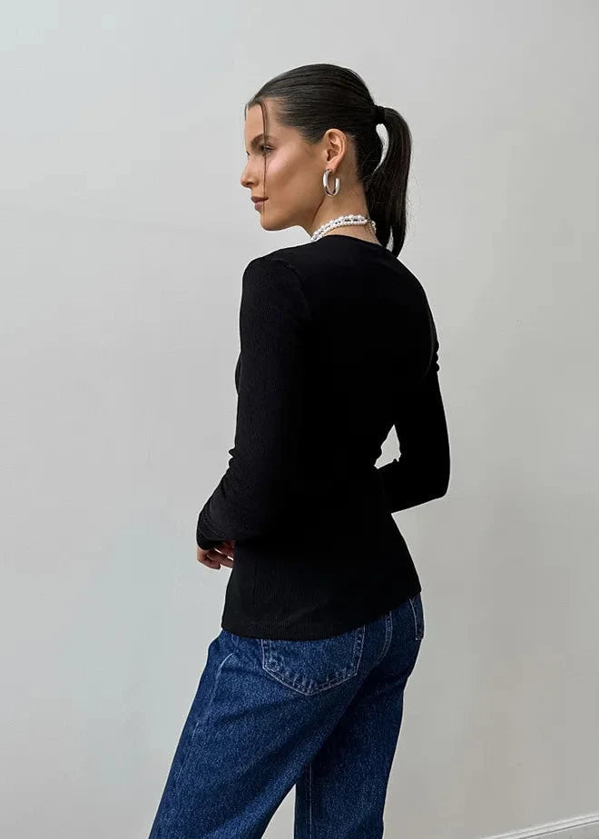 Black Knit Top With Asymmetric Cutout Design