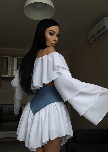 Off Shoulder Ruffle Sleeve Two Tone Mini Dress
