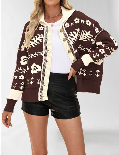 Vintage Floral Print Loose Knit Cardigan