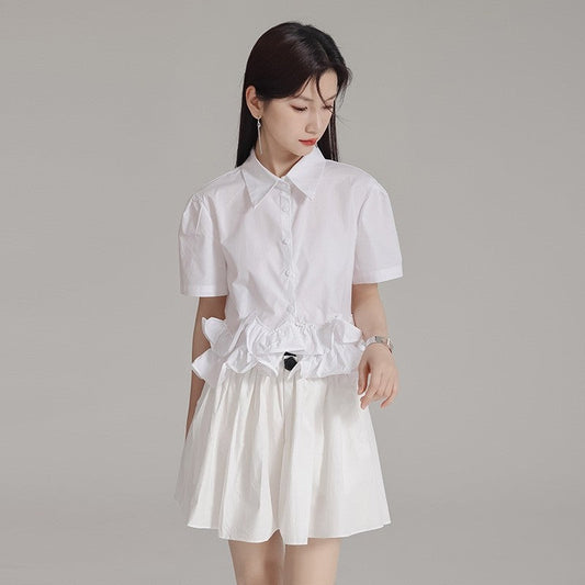 Pleated Ruffled Lapel Long Sleeve Blouse