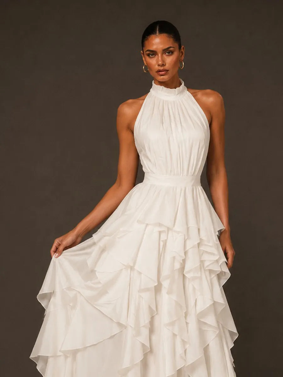 Eliana Ruffled Halter-Neck Midi Dress with Cinched Waist In White