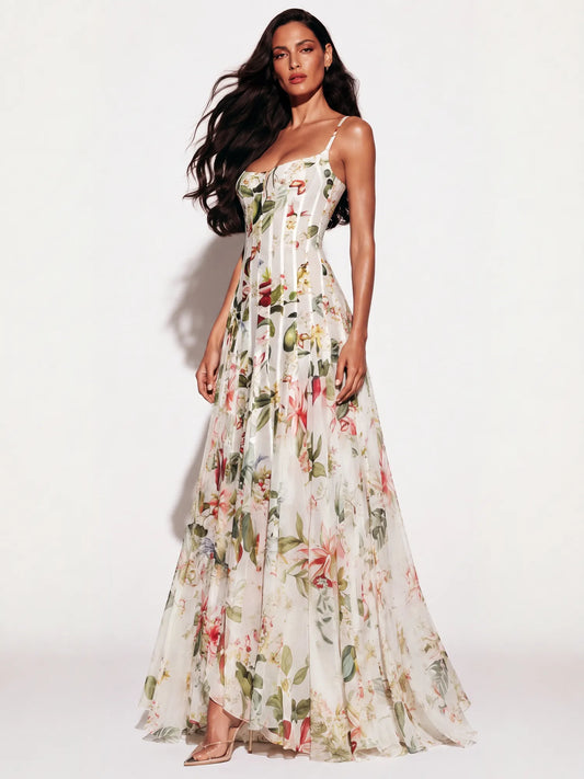 Autumn Floral-Print Draped Maxi Dress