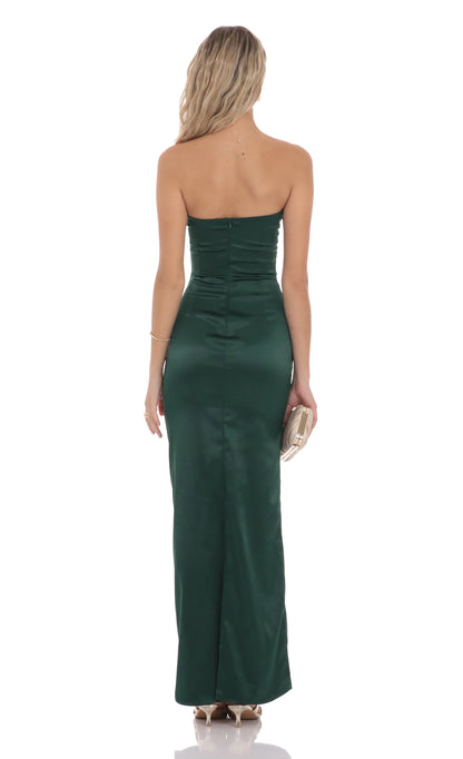 Satin V-Strapless Maxi Dress in Green