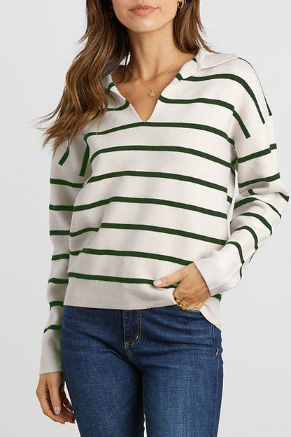 Striped Long Sleeve Polo V Neck Pullover Sweater