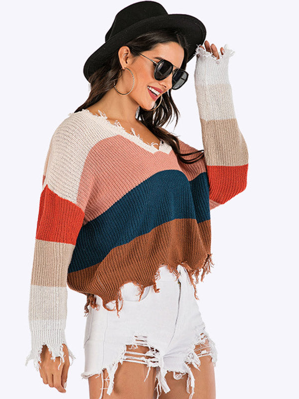 Urban Loose Fringed Contrast Color V-Neck Sweater