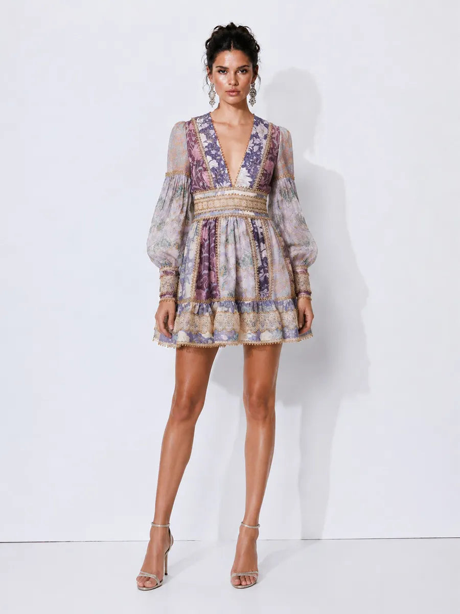 Carmen Lace-Panelled Printed Long-Sleeve Mini Dress