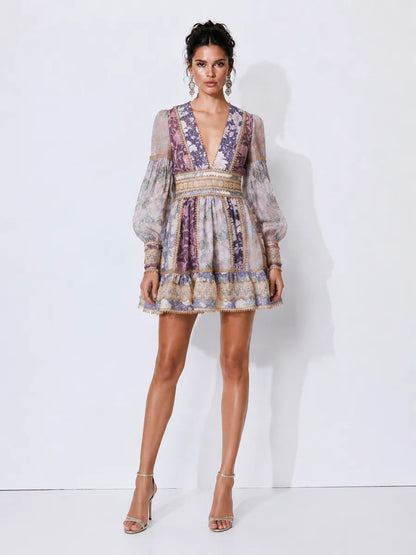 Carmen Lace-Panelled Printed Long-Sleeve Mini Dress