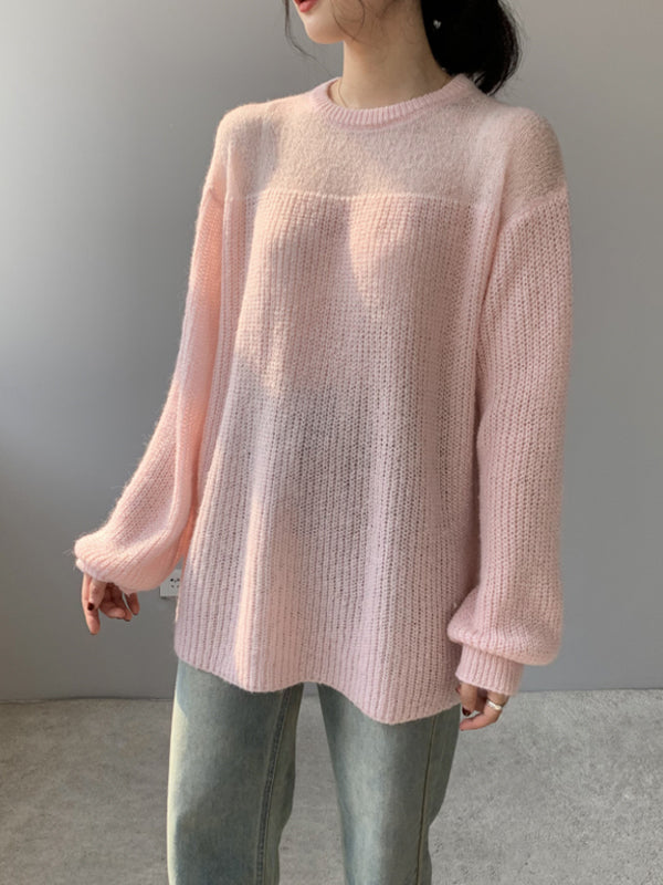 Urban Loose Solid Color Round-Neck Sweater Top