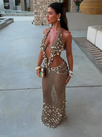 Kylie Shell-Embellished Halter Crochet Maxi Dresses