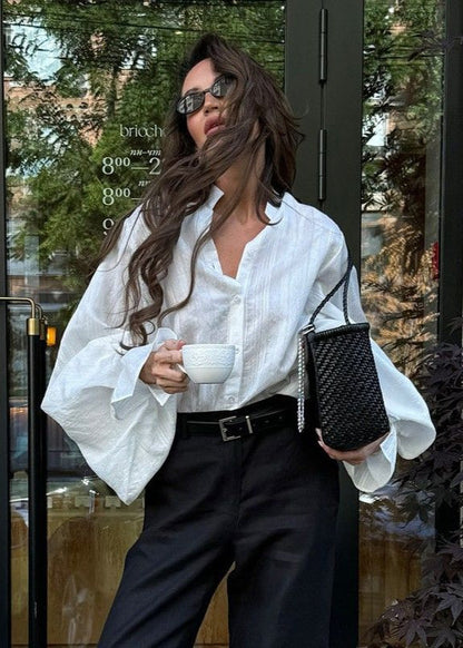 White Cotton Linen Shirt With Balloon Sleeves