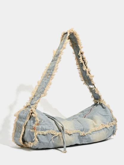 Cosbai - Large-capacity Washed Denim Bag with Shoulder Strap