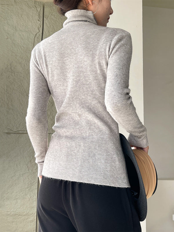 Casual Long Sleeves Skinny Solid Color High-Neck Sweater Tops