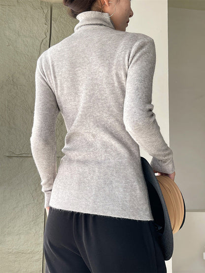 Casual Long Sleeves Skinny Solid Color High-Neck Sweater Tops