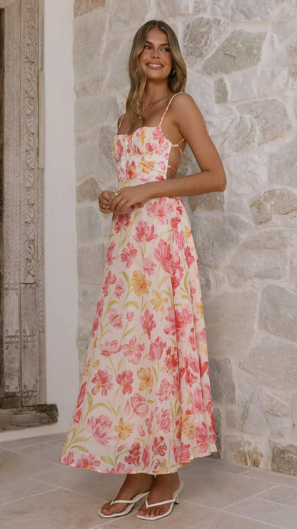 Rahima Maxi Dress - Pink/Yellow Flower