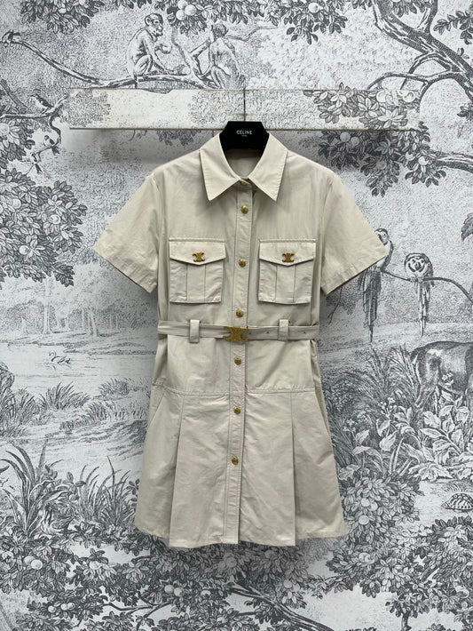 Celine 25 Short-sleeved Shirt Dress Beige Cotton