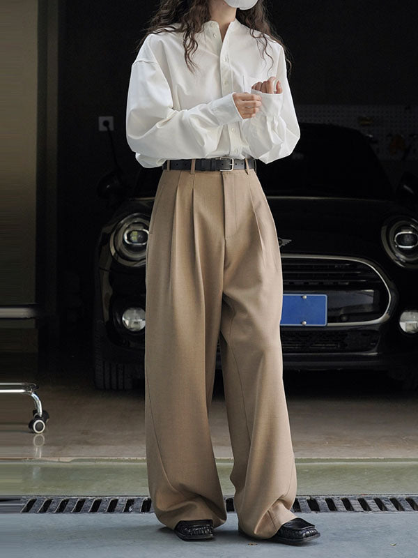 High Waisted Loose Pleated Solid Color Split-Joint Casual Pants Bottoms Trousers