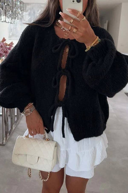 Stylish Solid Color Crew Neck Lace-up Sweater