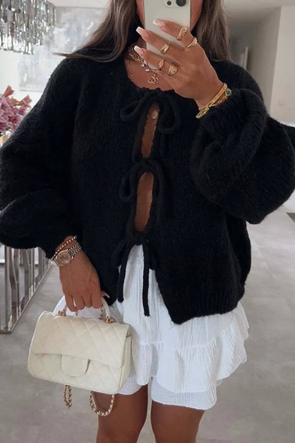 Stylish Solid Color Crew Neck Lace-up Sweater