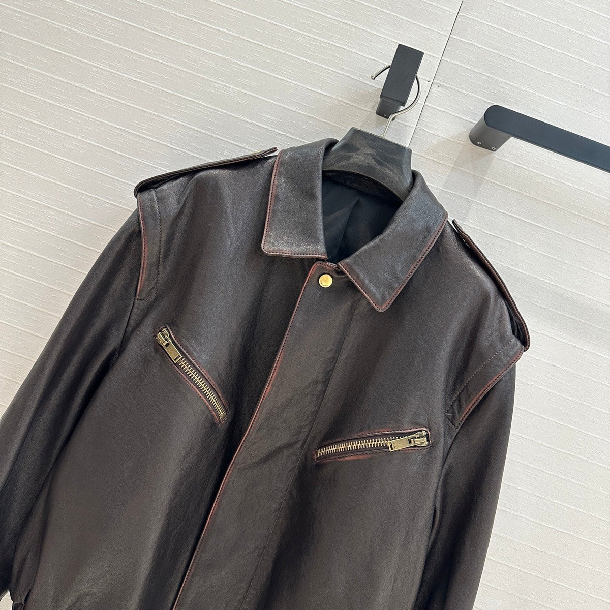 YSL Right-angle Shoulder Silhouette Jacket Black Brown Lambskin