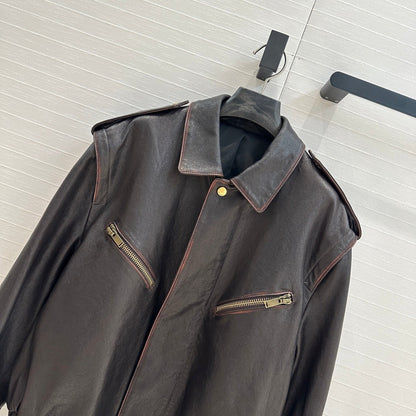 YSL Right-angle Shoulder Silhouette Jacket Black Brown Lambskin