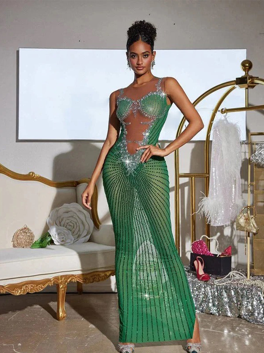 Brody Printed Rhinestone Split Maxi Dress In Green