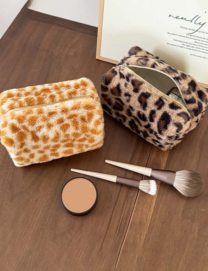 Fuzzy Plush Leopard Print Travel Cosmetic Bag
