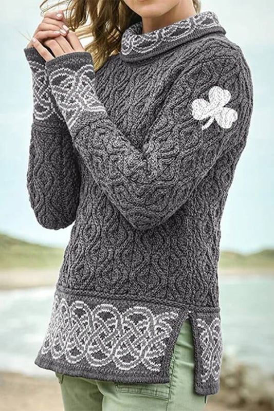 Women's Celtic Knotted Clover Creative Jacquard Turtleneck Sweater