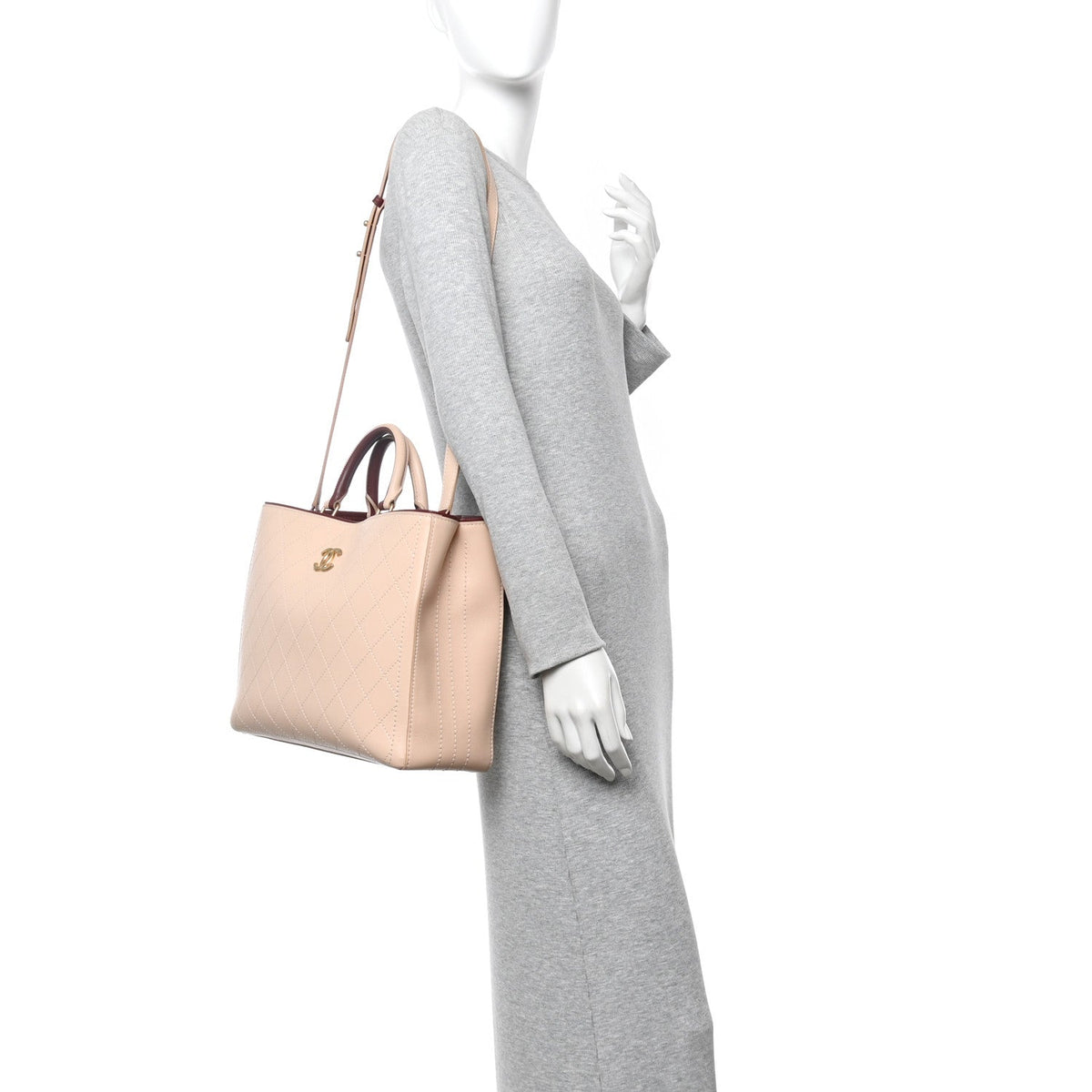 Bullskin Stitched Bi-Color Large Shopping Tote Beige Burgundy