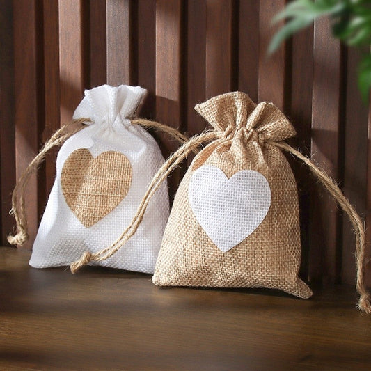 Linen Gift Bag With Heart Print Drawstring