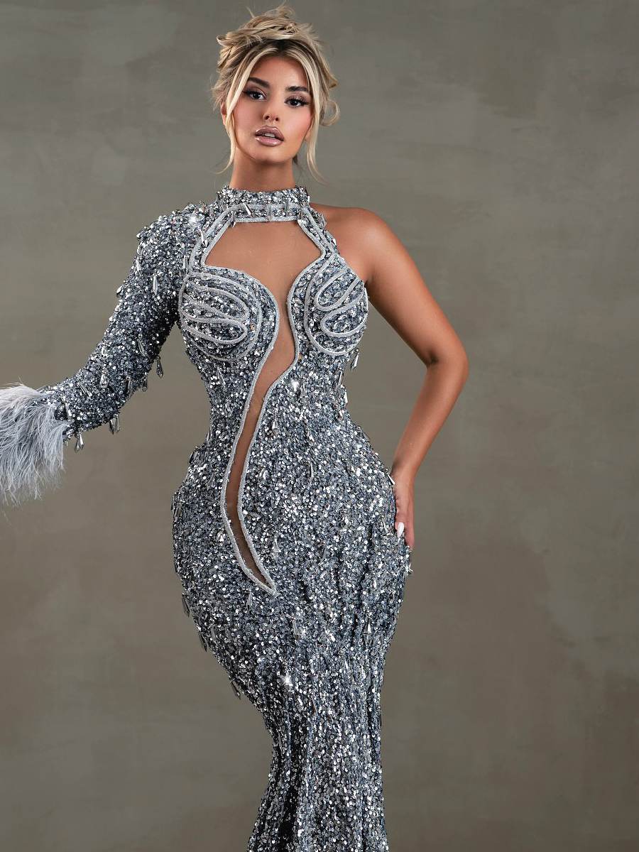 Alessia One Sleeve Sequin Maxi Dress