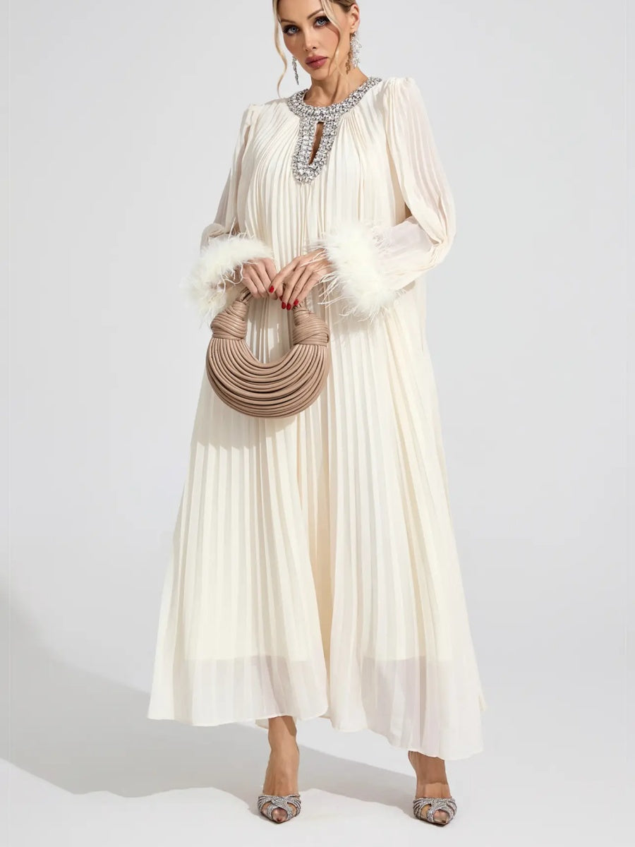 Elara Pleated Feather-Cuff Crystal-Embellished Maxi Dress