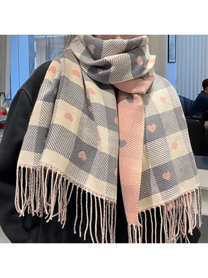 Sscarvii - Heart Print Plaid Winter Scarf