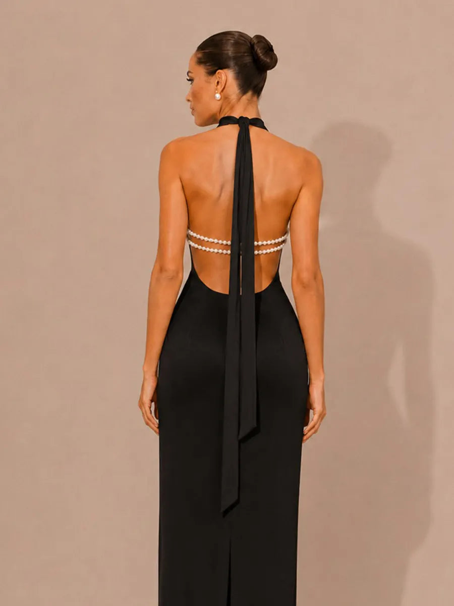 Selene Halter-Neck Beaded-Back Maxi Dress