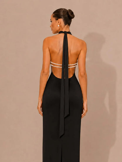 Selene Halter-Neck Beaded-Back Maxi Dress