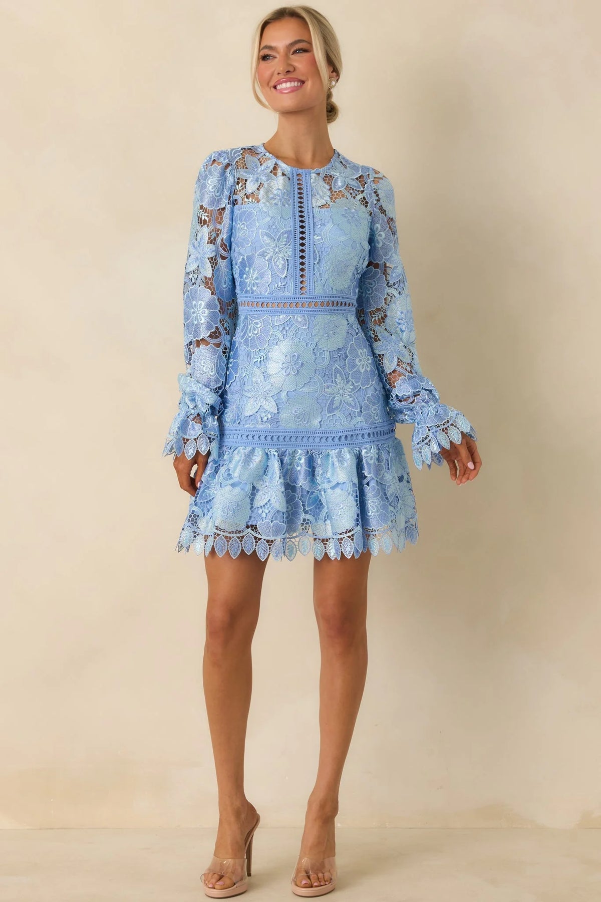 Keep It Authentic Light Blue Floral Embroidered Mini Dress
