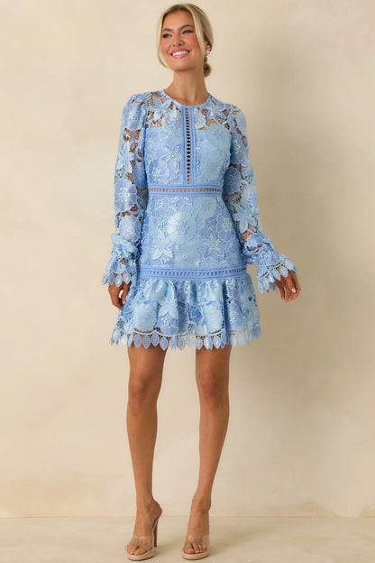Keep It Authentic Light Blue Floral Embroidered Mini Dress