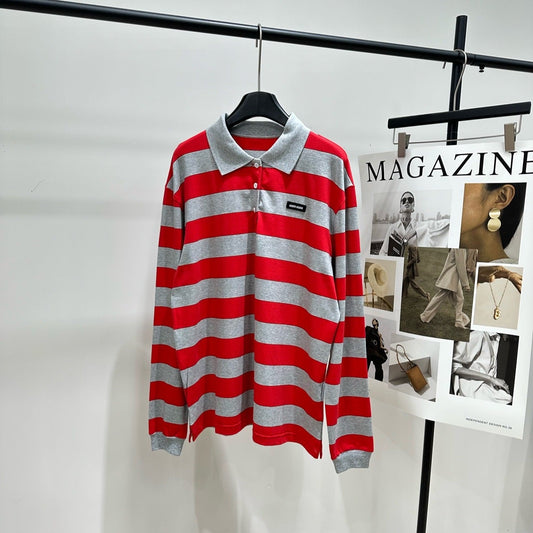 Miu 26s Striped Jersey Polo Shirt Red Gray Cotton 349696