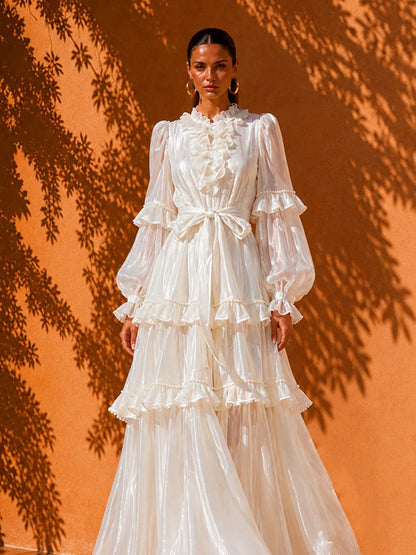 Aurora Vacation-Style Tiered Maxi Dress with Lace Trim In White