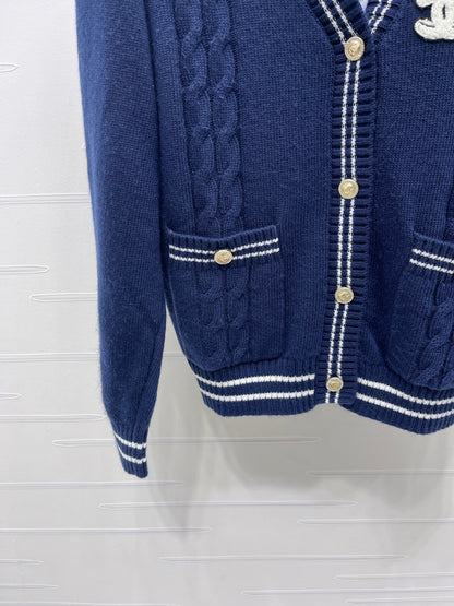 CHANEL 26 PREPPY CABLE KNIT DARK BLUE CARDIGAN 335374