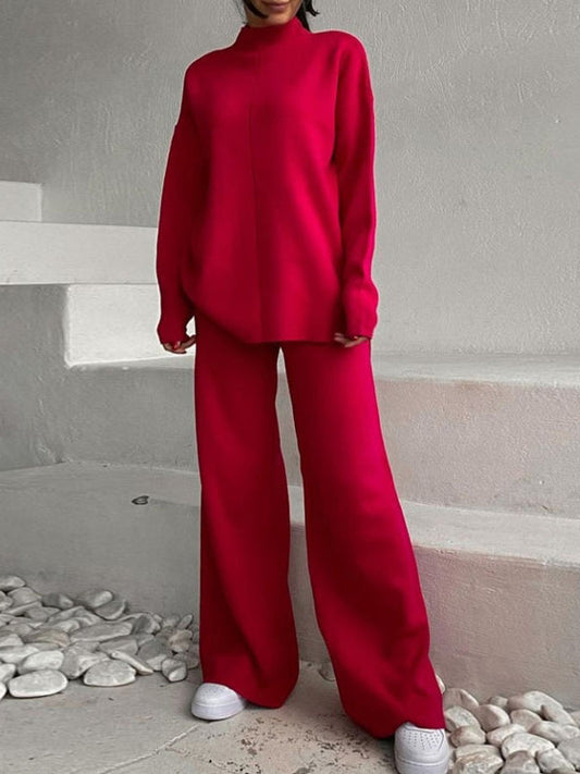 Loose Solid Color High-Neck Sweater Tops&Pants Suits