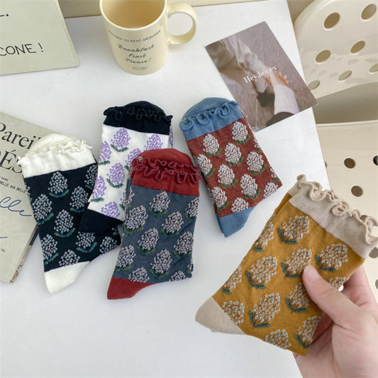 Rufia - Embossed Wheat Ear Pattern Ruffle Mid-Calf Socks